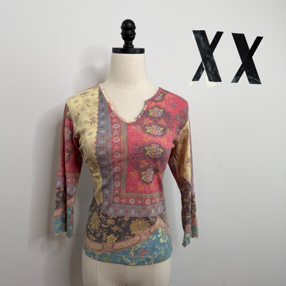 Vintage 90s XCIT Tapestry Paisley Patchwork Print Notch V Neck Fitted Top USA M
